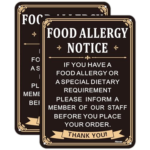 Hinweisschild für Lebensmittelallergie, 25 x 18 cm, rostfreies Aluminium, Allergieschild mit Kneipe, Bar, Restaurant, wetterfest, Lebensmittelsicherheitsschild, einfach zu installieren, 2 Stück von Afuven