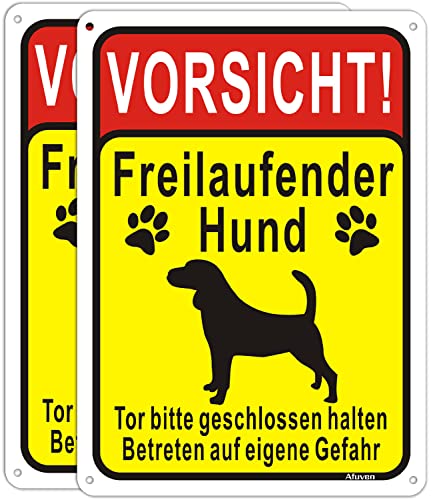 Schild Vorsicht Freilaufender Hund 25x18cm Tor Bitte geschlossen halten Schilder Aluminium Freilaufender Hunde ​Betreten auf eigene Gefahr Warnschild GartenTürschild für Außen-und Innenbereich 2 Stück von Afuven