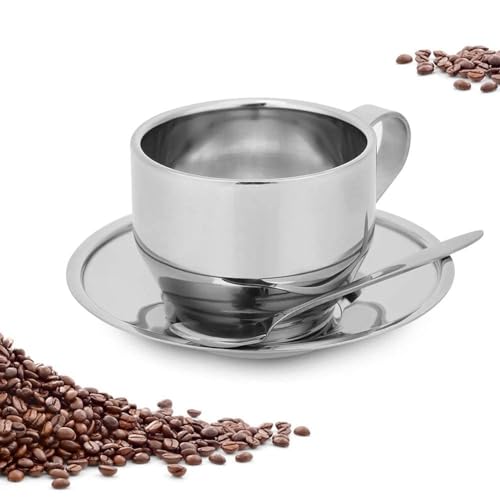 120 ml Edelstahl-Kaffeetassen-Set mit Untertasse, doppellagiger isolierter Kaffeetasse, Metall-Espresso-Tasse, Cappuccino-Tasse und Löffel für Zuhause, Büro, Camping von Agatige