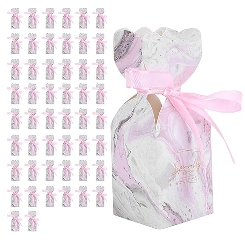 Agatige 50pcs Hochzeit Süßigkeiten Box, Blumen Geschenkboxen mit Bändern Geschenkboxen für Gastgeschenke für Weihnachten, Geburtstage, Feiertage, Hochzeiten(Rosa Marmor) von Agatige