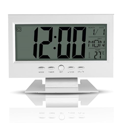 LED Spiegel Wecker, LED Wecker Digital mit Großen Zahlen, Digitale Tischuhr, Digital Uhr Netzbetrieben, Silber LCD-Display Wecker Nachttischuhr mit Kalender und Temp-Anzeige für Schreibtisch, Büro von Agatige