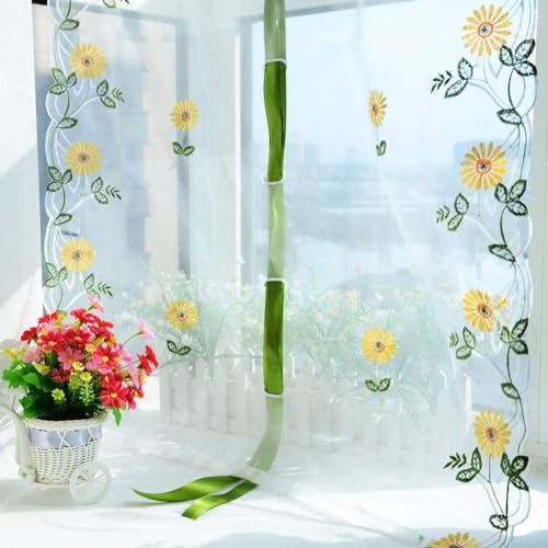 Agatige Gardinen Kurz, Sonnenblumenstickerei Scheibengardine Weiß Voile Gardinen Für Wohnzimmer Schlafzimmer Fenster Panel Dekor(80 * 150cm) von Agatige