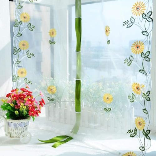 Agatige Transparente Chrysanthemen-Vorhänge, Sonnenblumen-Stickerei, Tüll, weiße Vorhänge, Tüll-Hebevorhänge, transparente Bedruckte Vorhänge für Wohnzimmer, Schlafzimmer, Dekoration (80 x 200 cm) von Agatige