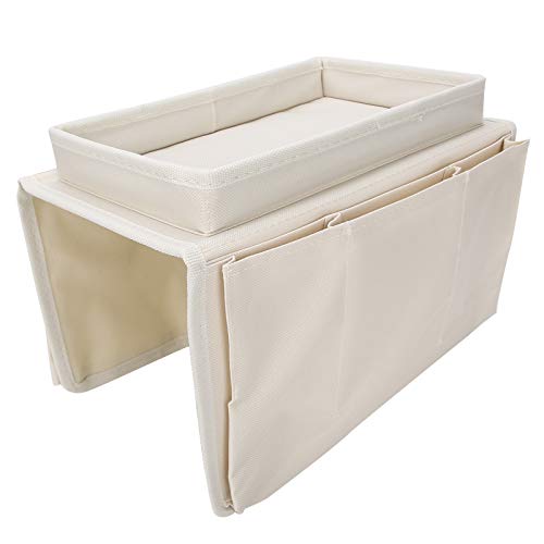 Sofa Armlehnen Organizer mit Tassenhalterschale, Couch Remote Caddy Control Hold Sofa Organizer mit abnehmbarem Holz -Snack -Tablett (Beige) von Agatige
