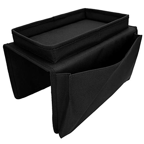 Sofa Armlehnen Organizer mit Tassenhalterschale, Couch Remote Caddy Control Hold Sofa Organizer mit abnehmbarem Holz -Snack -Tablett (Schwarz) von Agatige