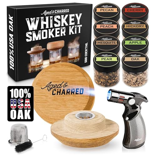Whiskey-Räucherset mit Fackel und 8 Geschmacksrichtungen Holzspäne – altmodisches Räucherset – Bourbon-Geschenke für Männer, Cocktail-Räucherset – USA-Michenrauchdeckel (ohne Butan) von Aged & Charred