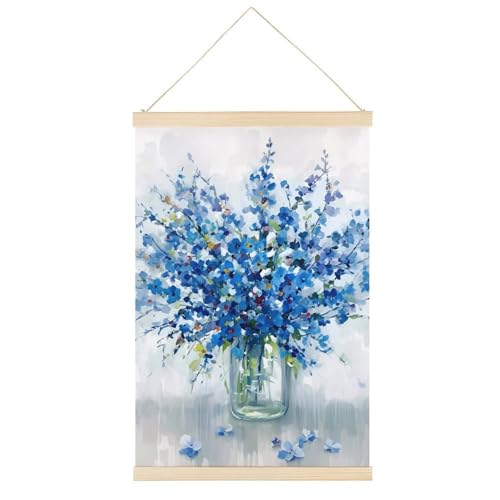 Abstrakter Blumenstrauß, blaue Blumen in Vase, Leinwandposter, Retro-Stil, Wandkunstdrucke, Holzrahmen, ästhetisch, 61 x 91,4 cm von Ageksten