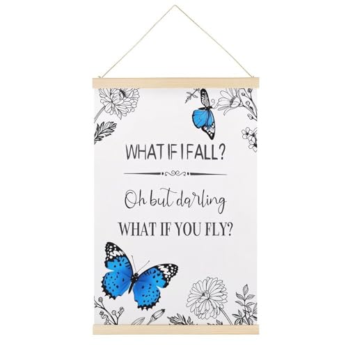 Inspirierendes Zitat, motivierende blaue Schmetterlingsblume, "What If I Fall", positive Bestätigungen, Geschenk für Frauen und Mädchen, Leinwand-Poster, Retro-Stil, Wandkunstdrucke, Holzrahmen von Ageksten