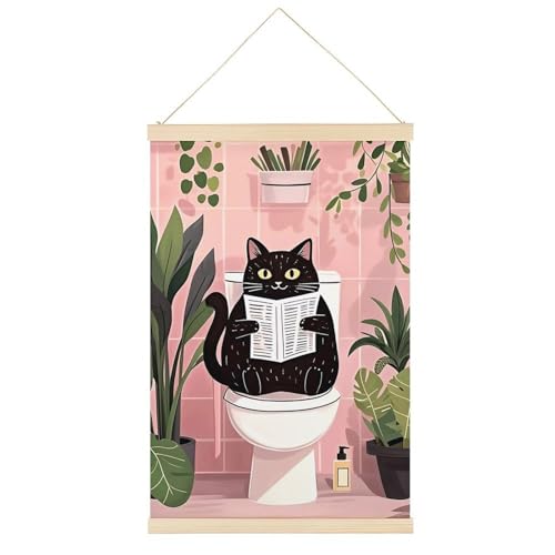 Leinwandposter Schwarze Katze liest die Zeitung, Retro-Stil, Wandkunstdrucke, Holzrahmen, ästhetisch, 50,8 x 76,2 cm von Ageksten