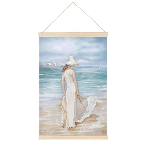 Leinwandposter mit abstraktem Strand, moderne Frauen und Regenschirm, Retro-Stil, Wandkunstdruck, Holzrahmen, ästhetisch, 40,6 x 61 cm von Ageksten