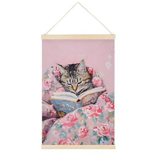 Leinwandposter mit niedlicher Katze, bedruckt mit Steppdecke, Lesung eines Buches, Retro-Stil, Wandkunstdrucke, Holzrahmen, ästhetisch, 50,8 x 76,2 cm von Ageksten
