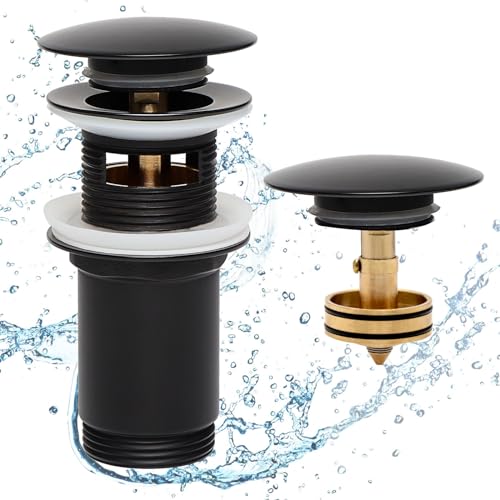 Agekub Ablaufgarnitur Waschbecken mit Überlauf Spülbecken Ablaufgarnitur & Haarsieb - Pop up Ventil Ablaufstopfen, inkl. 1 Ersatzstopfen, universal Schwarz Messing 1 1/4 Zoll Ablaufgarnitur von Agekub