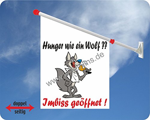 Werbeflagge, Werbefahne, Imbissflagge, Imbissfahne- Currywurst, Bratwurst, Pommes - Ideal für Imbiss, Grill, Restaurant oder Kirmes, versch. Varianten, weiß (Imbiss Wolf) von Agentur Werner Kuhlins