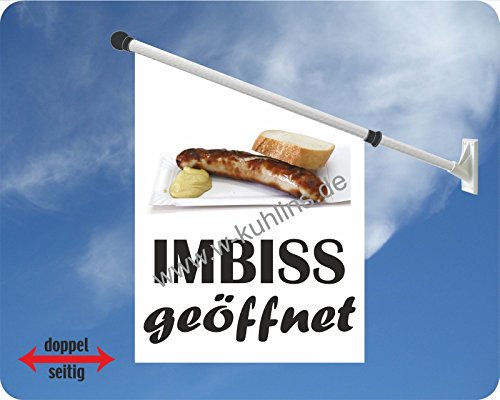 Werbeflagge, Werbefahne, Imbissflagge, Imbissfahne- Currywurst, Bratwurst, Pommes - Ideal für Imbiss, Grill, Restaurant oder Kirmes, versch. Varianten, weiß (Imbiss geöffnet) von Agentur Werner Kuhlins