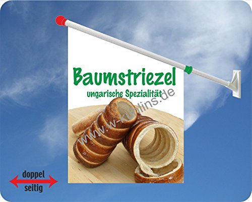 Werbeflagge, Werbefahne - Crepes, Zuckerwatte, gebrannte Mandeln - Ideal für Jahrmarkt, Kirmes, Stadtfest oder Buden, versch. Varianten, weiß (Baumstriezel) von Agentur Werner Kuhlins