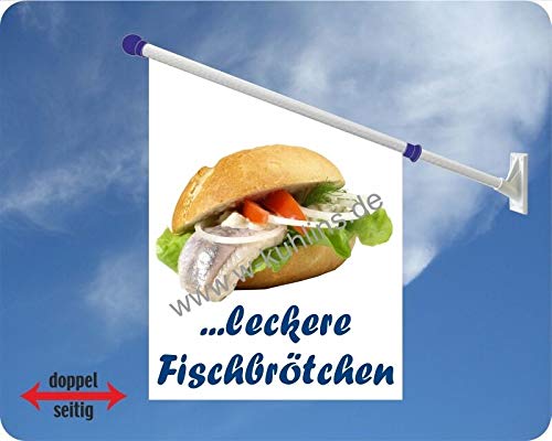 Werbeflagge, Werbefahne - Crepes, Zuckerwatte, gebrannte Mandeln - Ideal für Jahrmarkt, Kirmes, Stadtfest oder Buden, versch. Varianten, weiß (Fischbrötchen) von Agentur Werner Kuhlins