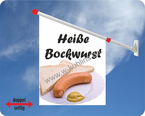 Werbeflagge (Fahne mit über 50 Varianten, Text und Bild, z.B. Eis, Döner, Kaffee, Crepes, Waffeln, Pommes uvm.) Ideal für Kiosk, Restaurant oder Kirmes, weiß (Bockwurst) von Agentur Werner Kuhlins