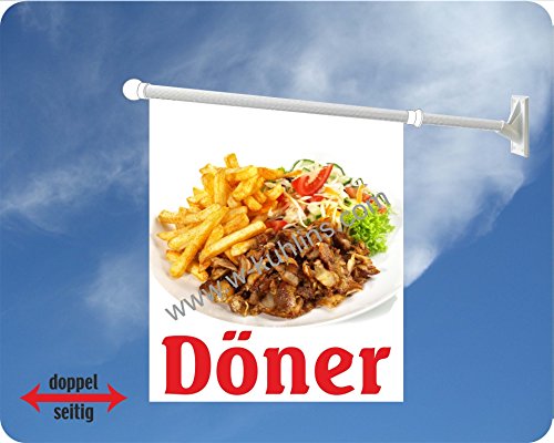 Werbeflagge (Fahne mit über 50 Varianten, Text und Bild, z.B. Eis, Döner, Kaffee, Crepes, Waffeln, Pommes uvm.) Ideal für Kiosk, Restaurant oder Kirmes, weiß (Döner) von Agentur Werner Kuhlins