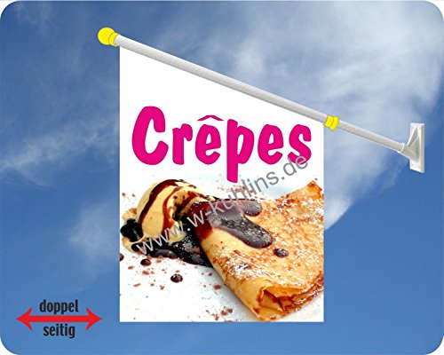 Werbeflagge (Fahne mit über 50 Varianten, Text und Bild, z.B. Eis, Döner, Kaffee, Crepes, Waffeln, Pommes uvm.) Ideal für Kiosk, Restaurant oder Kirmes, weiß (Crepes 3) von Agentur Werner Kuhlins