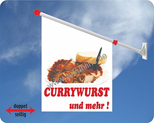 Werbeflagge (Fahne mit über 50 Varianten, Text und Bild, z.B. Eis, Döner, Kaffee, Crepes, Waffeln, Pommes uvm.) Ideal für Kiosk, Restaurant oder Kirmes, weiß (Currywurst) von Agentur Werner Kuhlins