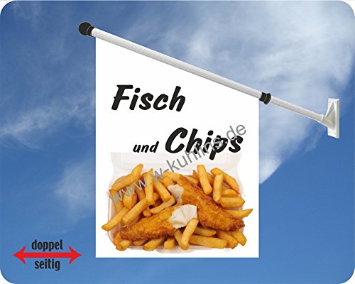 Werbeflagge (Fahne mit über 50 Varianten, Text und Bild, z.B. Eis, Döner, Kaffee, Crepes, Waffeln, Pommes uvm.) Ideal für Kiosk, Restaurant oder Kirmes, weiß (Fisch und Chips) von Agentur Werner Kuhlins