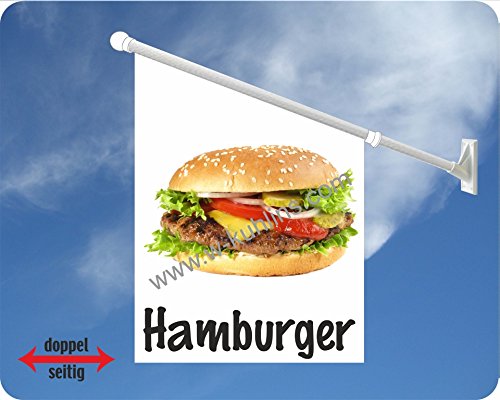 Werbeflagge (Fahne mit über 50 Varianten, Text und Bild, z.B. Eis, Döner, Kaffee, Crepes, Waffeln, Pommes uvm.) Ideal für Kiosk, Restaurant oder Kirmes, weiß (Hamburger) von Agentur Werner Kuhlins