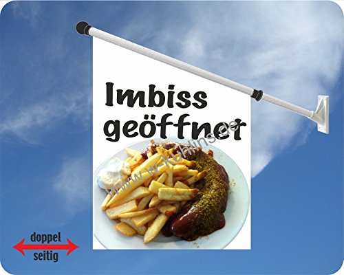 Werbeflagge (Fahne mit über 50 Varianten, Text und Bild, z.B. Eis, Döner, Kaffee, Crepes, Waffeln, Pommes uvm.) Ideal für Kiosk, Restaurant oder Kirmes, weiß (Imbiss geöffnet) von Agentur Werner Kuhlins