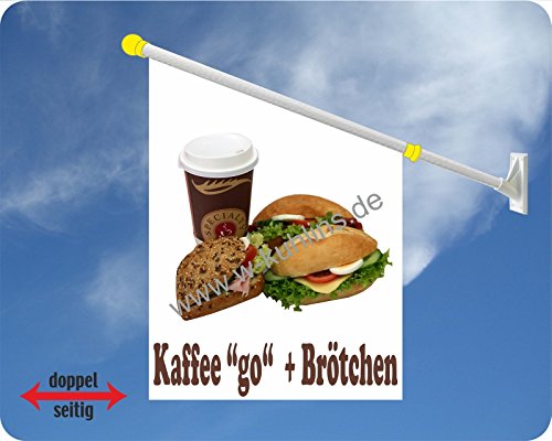 Werbeflagge (Fahne mit über 50 Varianten, Text und Bild, z.B. Eis, Döner, Kaffee, Crepes, Waffeln, Pommes uvm.) Ideal für Kiosk, Restaurant oder Kirmes, weiß (Kaffee und Brötchen) von Agentur Werner Kuhlins