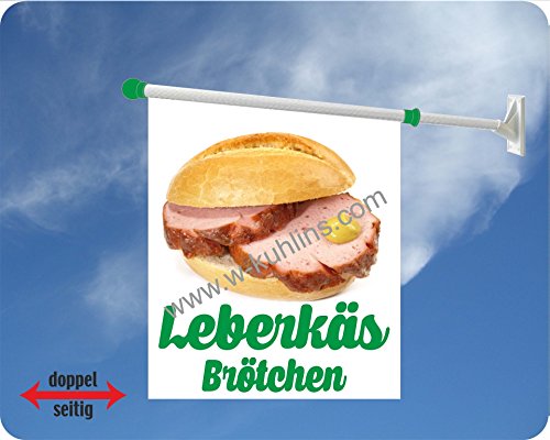 Werbeflagge (Fahne mit über 50 Varianten, Text und Bild, z.B. Eis, Döner, Kaffee, Crepes, Waffeln, Pommes uvm.) Ideal für Kiosk, Restaurant oder Kirmes, weiß (Leberkäs) von Agentur Werner Kuhlins