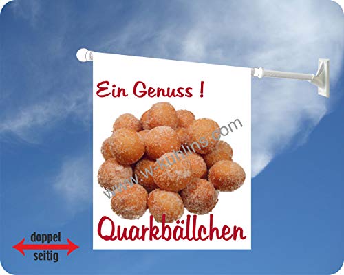 Werbeflagge (Fahne mit über 50 Varianten, Text und Bild, z.B. Eis, Döner, Kaffee, Crepes, Waffeln, Pommes uvm.) Ideal für Kiosk, Restaurant oder Kirmes, weiß (Quarkbällchen) von Agentur Werner Kuhlins