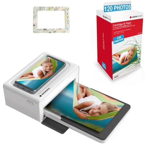 AGFA Photo Realipix Moments Printer Pack + Patronen und Papier für 120 Fotos + Hübscher Magnetrahmen - Bluetooth Photo Printing 10x15 cm, iOS und Android, 4Pass Thermal Sublimation - Weiß von AgfaPhoto