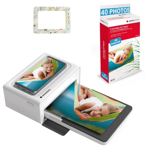 AGFA Photo Realipix Moments Printer Pack + Patronen und Papier für 40 Fotos + Hübscher Magnetrahmen - Bluetooth Photo Printing 10x15 cm, iOS und Android, 4Pass Thermal Sublimation - Weiß von AgfaPhoto