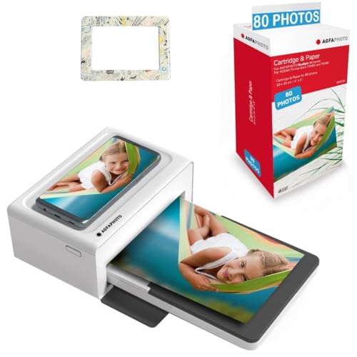 AGFA Photo Realipix Moments Printer Pack + Patronen und Papier für 80 Fotos + Hübscher Magnetrahmen - Bluetooth Photo Printing 10x15 cm, iOS und Android, 4Pass Thermal Sublimation - Weiß von AgfaPhoto