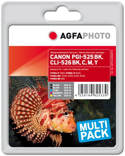 Agfa APCCLI526SETD PGI-525 BK CLI-526 Bonuspack Druckerpatrone für Canon, schwarz/gelb/magenta/cyan, Multipack, 13.5 x 10.8 x 7.2 von AgfaPhoto