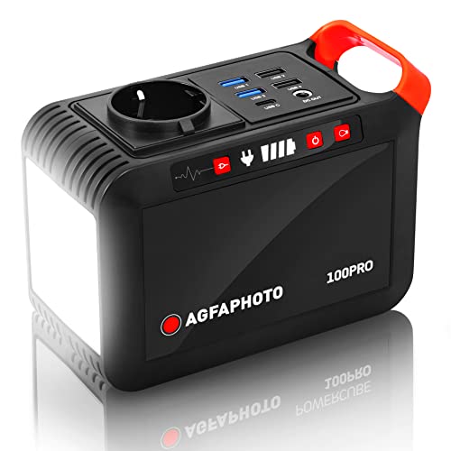 AgfaPhoto Powerstation PPS100 Pro 88,8Wh | 230V AC Steckdose, mobiler Stromgenerator mit USB (4x USB-A QC & 1x USB-C PD2) und 12V DC Ausgang | tragbare Powerbank (120W) als Stromversorgung für Outdoor von AgfaPhoto