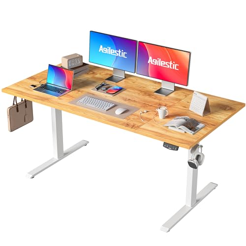 Agilestic Höhenverstellbarer Schreibtisch 160 x 80 cm, Stabiler Schreibtisch Höhenverstellbar Elektrisch mit Memory-Handsteuerung, Ergonomischer Steh-Sitz Tisch Computertisch, Hellbraun von Agilestic