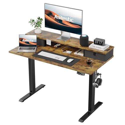 Agilestic Höhenverstellbarer Schreibtisch mit 2 Schubladen, 100 x 60 cm Stabiler Schreibtisch Höhenverstellbar Elektrisch, Ergonomischer Steh-Sitz Tisch Computertisch, Braun von Agilestic