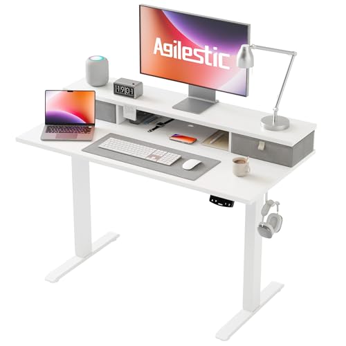 Agilestic Höhenverstellbarer Schreibtisch mit 2 Schubladen, 100 x 60 cm Stabiler Schreibtisch Höhenverstellbar Elektrisch, Ergonomischer Steh-Sitz Tisch Computertisch, Weiß von Agilestic