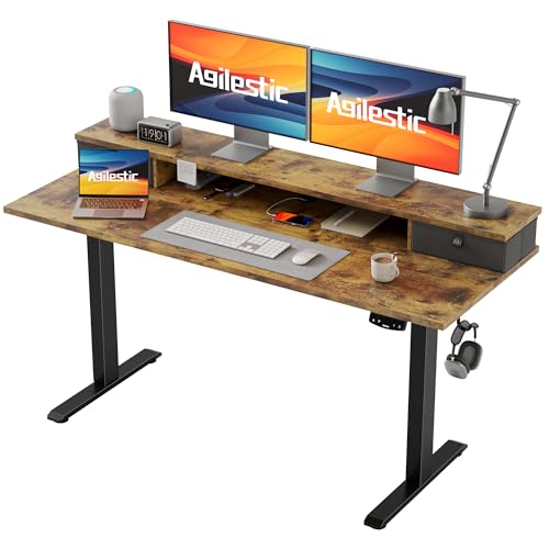 Agilestic Höhenverstellbarer Schreibtisch mit 2 Schubladen, 140 x 60 cm Stabiler Schreibtisch Höhenverstellbar Elektrisch, Ergonomischer Steh-Sitz Tisch Computertisch, Braun von Agilestic