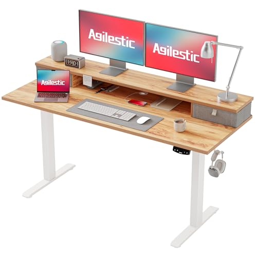 Agilestic Höhenverstellbarer Schreibtisch mit 2 Schubladen, 140 x 60 cm Stabiler Schreibtisch Höhenverstellbar Elektrisch, Ergonomischer Steh-Sitz Tisch Computertisch, Hellbraun von Agilestic
