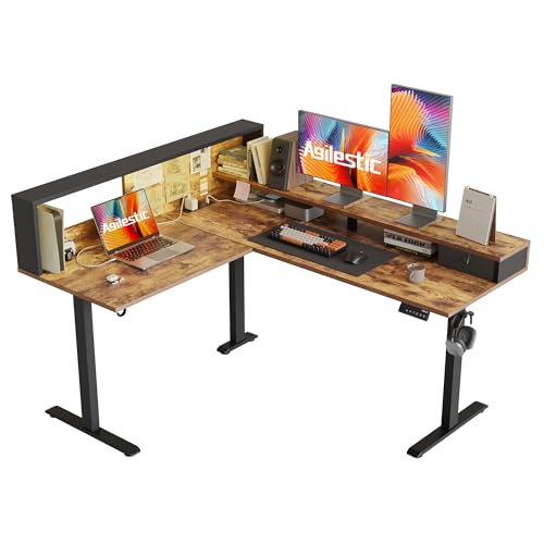 Agilestic L-förmiger Stehschreibtisch, 160 x 140 cm, Ergonomischer Höhenverstellbarer Schreibtisch mit Regalen, Eck-Stehschreibtisch, Sitz-Steh-Computertisch mit LED-Licht, Braun von Agilestic