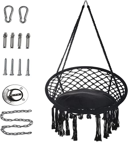 Hängematte Stuhl Macrame Schaukel -Hängende Baumwollseil Hängematte Schaukel Stuhl für Innen- und Außenbereich Handgefertigter Gestrickter Baumwollseil Hängestuhl mit Hängenden Hardware Kits (Schwarz) von Agility