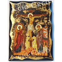 Handgemachte Kreuzigungs-Holzikone 24K Goldene Blattplakette von AgioErgo