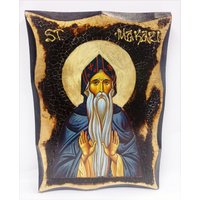 Heiliger Maarius Von Ägypten - Macarius Der Ältere Handgemachte Holz-Symbol Auf Plaque Mit Körperlichen Alterung Und Golden Leaf 24K von AgioErgo