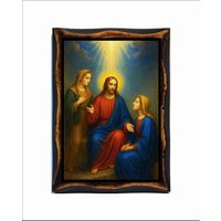 Jesus Bei Martha Und Maria - Heilige Karte Auf Handgefertigter Holzplakette von AgioErgo