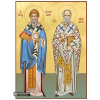 22 Karat Heilige Nikolaus Und Spyridon - Orthodoxe Ikone | Goldblätter 22K Holz Handarbeit Religiöses Geschenk Montierte von AgiografiaIcons