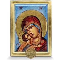 Jungfrau Maria | Cyan Hintergrund - Handgefertigte Ikone Mit Gold Blätter Hintergrund -Eingelassenes Holz Gehäuse Befestigungspunkt von AgiografiaIcons