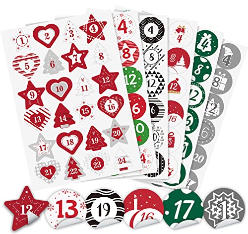 Adventskalender Zahlen Aufkleber (6 x 24 Sticker) - Weihnachten Aufkleben für DIY Weihnachtskalender Ideen - 4 cm Sterne und Runde Weihnachtskalender zum Selber Basteln & Weihnachten von Agoer