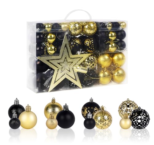 Agoer Weihnachtskugeln Schwarz Gold 101 Stück, Weihnachtsbaum Kugeln Kunststoff Christbaumkugeln mit Aufhänger, Weihnachtsbaumschmuck Outdoor für Neujahrsparty Hochzeit Feiertag Weihnachtsdeko Agoer Weihnachtskugeln Schwarz Gold 101 Stück, Weihnachtsbaum Kugeln Kunststoff Christbaumkugeln mit Aufhänger, Weihnachtsbaumschmuck Outdoor für Neujahrsparty Hochzeit Feiertag Weihnachtsdeko von Agoer