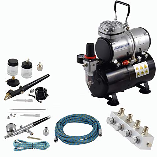 Agora-Tec® Airbrush Komplett-Set PROFI XIII.1, inkl. 4 Bar Kompressor , 21,6l/min und 3 Liter Tank + 2 Airbrushpistolen mit 0,2 & 0,3 & 0,5 & 0,8mm Nadeln/Düsen + regelbaren 4-fach Luftdruckverteiler + 2 Schläuche + Adapter Agora-Tec® Airbrush Komplett-Set PROFI XIII.1, inkl. 4 Bar Kompressor , 21,6l/min und 3 Liter Tank + 2 Airbrushpistolen mit 0,2 & 0,3 & 0,5 & 0,8mm Nadeln/Düsen + regelbaren 4-fach Luftdruckverteiler + 2 Schläuche + Adapter von Agora-Tec